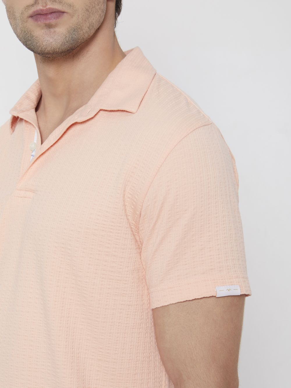Peach Textured Plain Slim Fit Polo