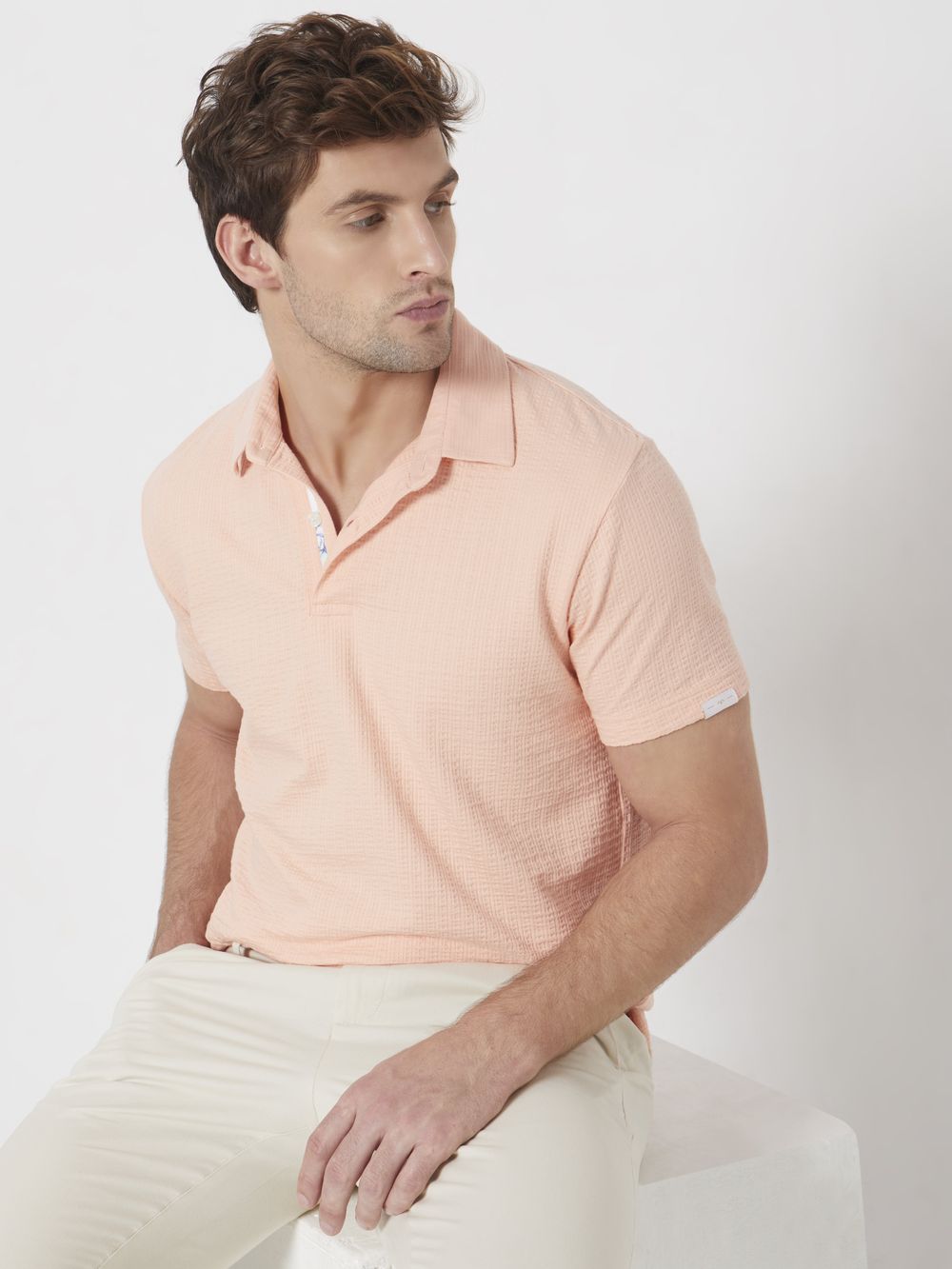 Peach Textured Plain Slim Fit Polo