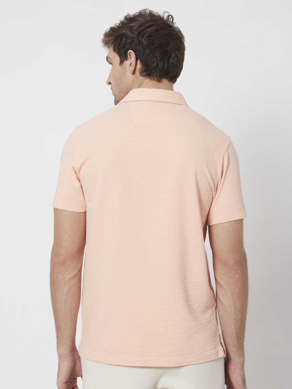 Peach Textured Plain Slim Fit Polo