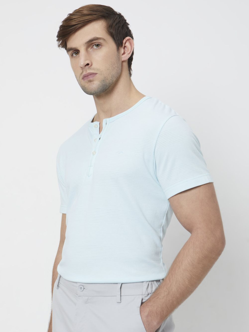 Turquoise Plain Slim Fit Henley T-Shirt