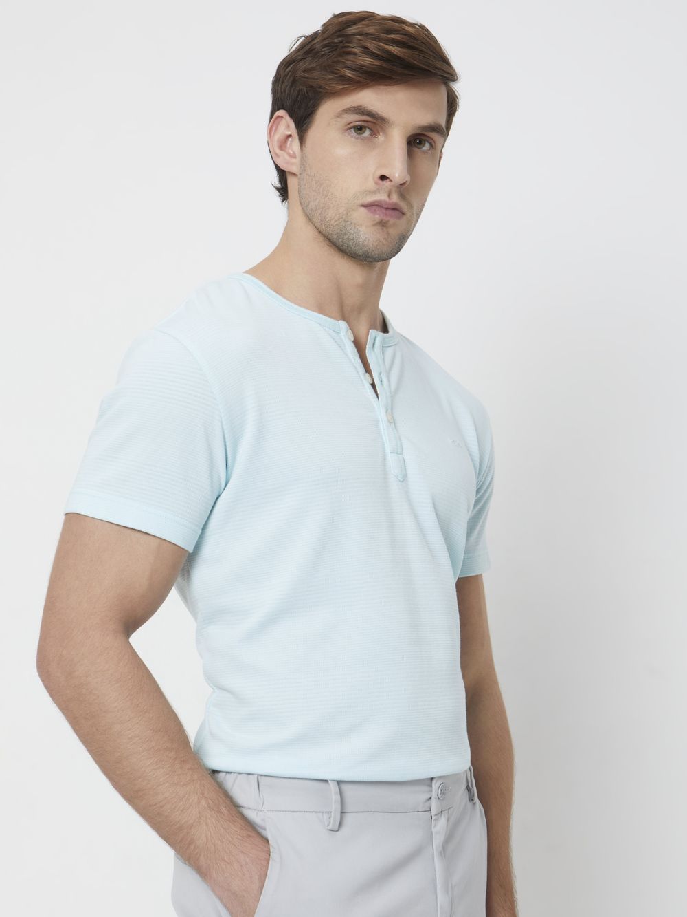 Turquoise Plain Slim Fit Henley T-Shirt