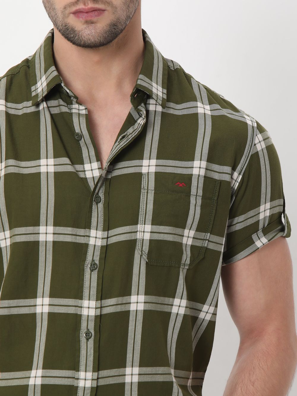Olive & White Large Check Slim Fit Casual Shirt