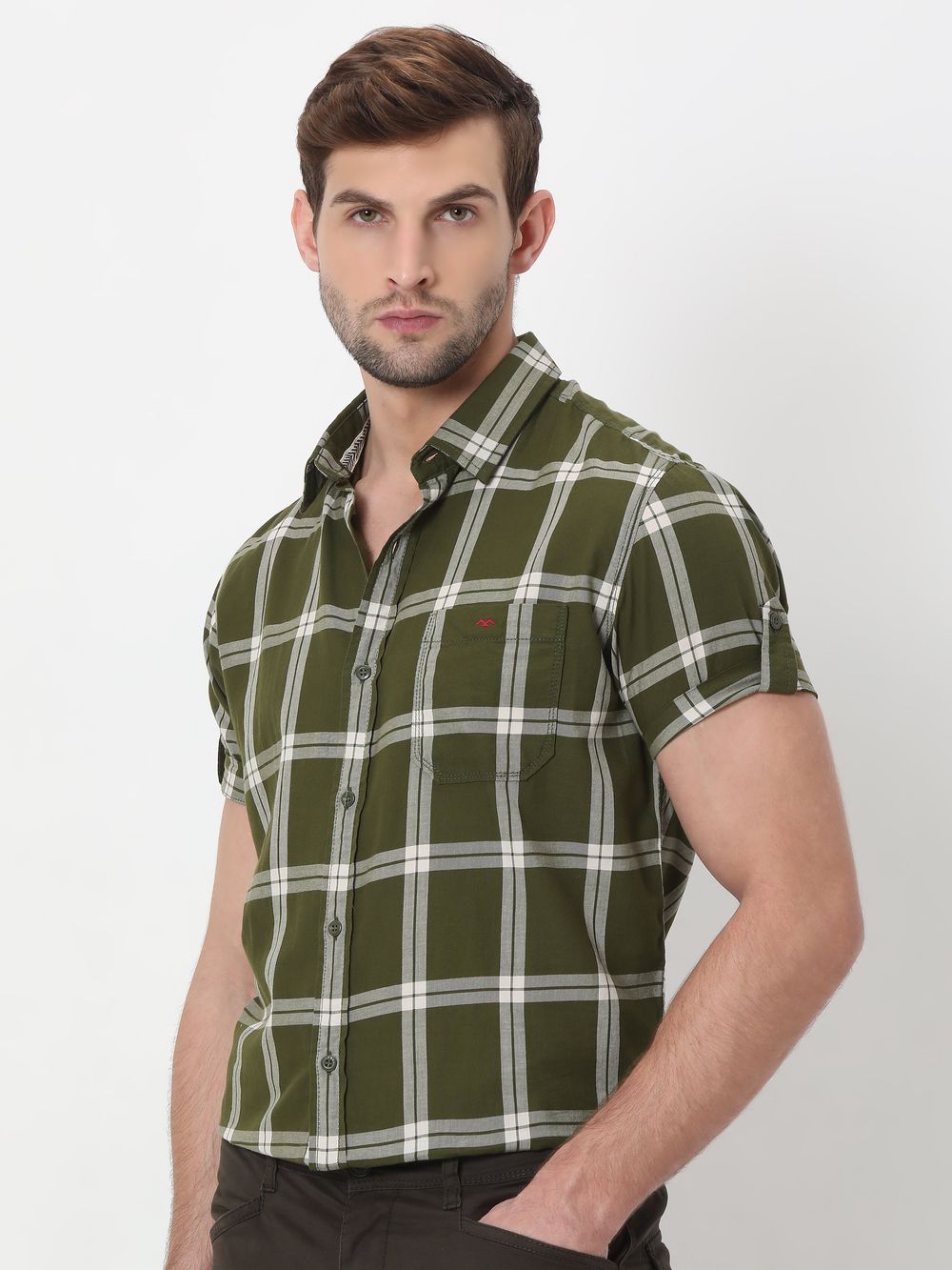 Olive & White Large Check Slim Fit Casual Shirt