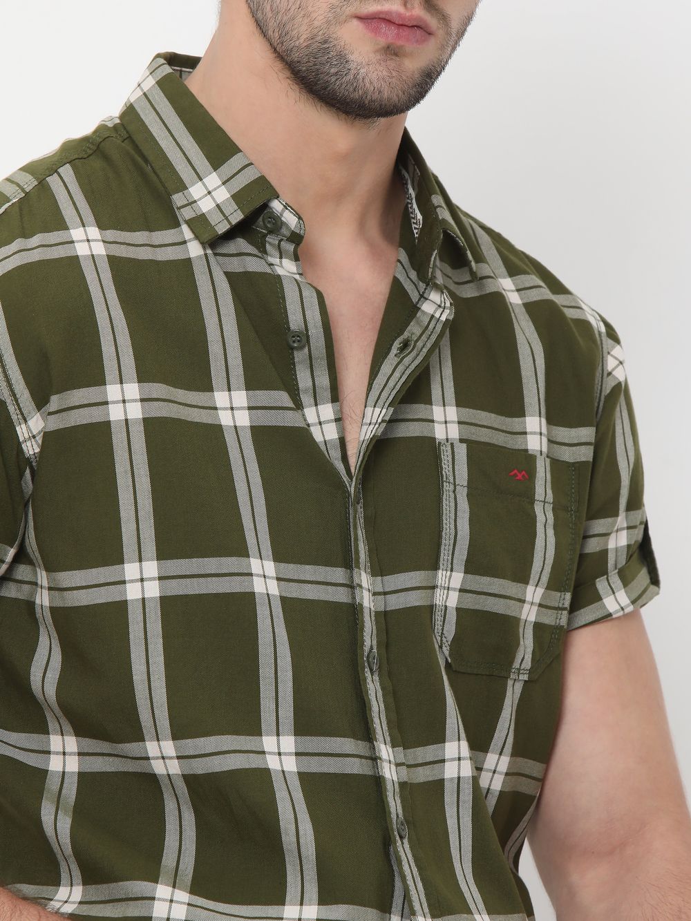 Olive & White Large Check Slim Fit Casual Shirt