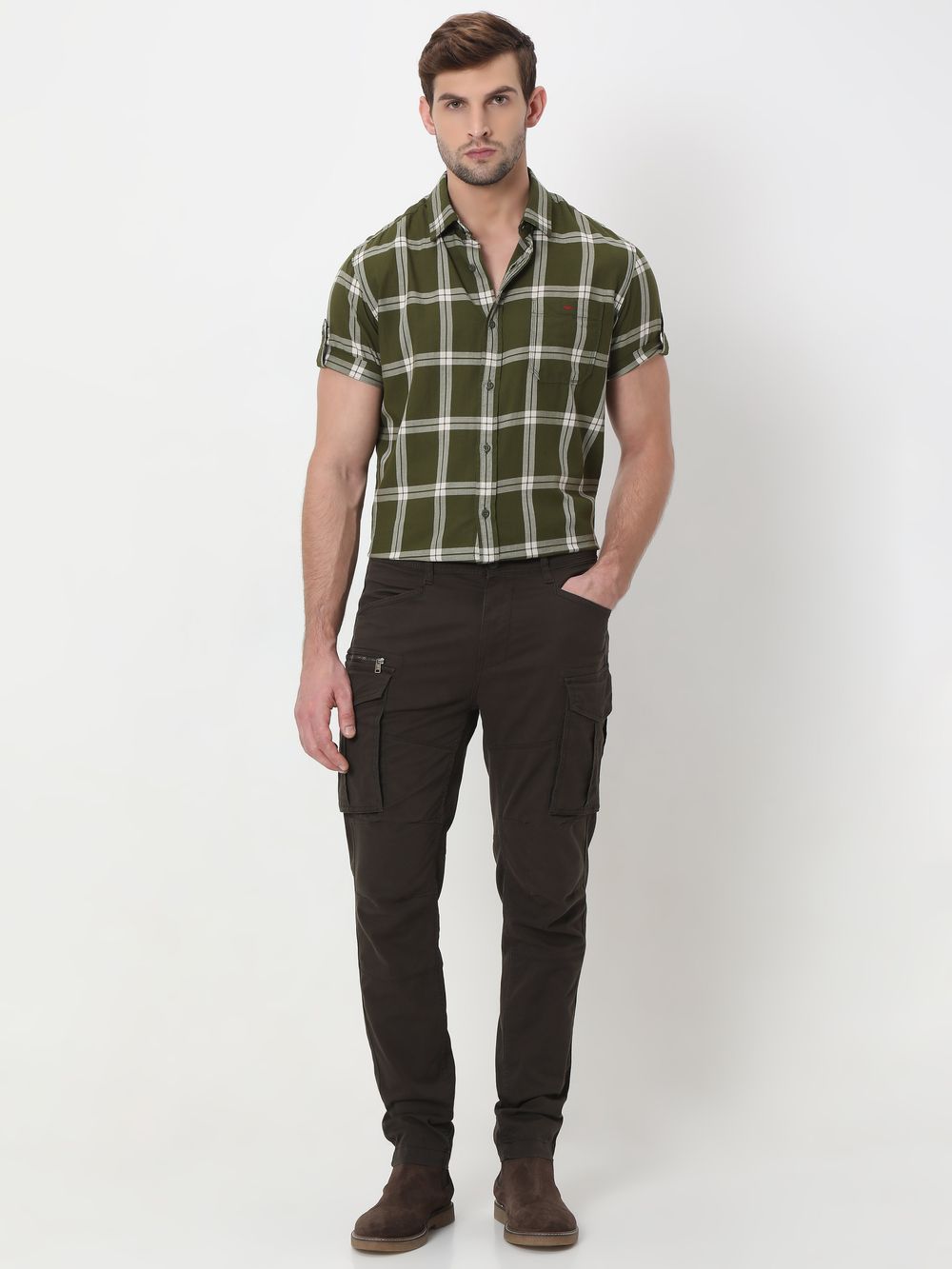 Olive & White Large Check Slim Fit Casual Shirt