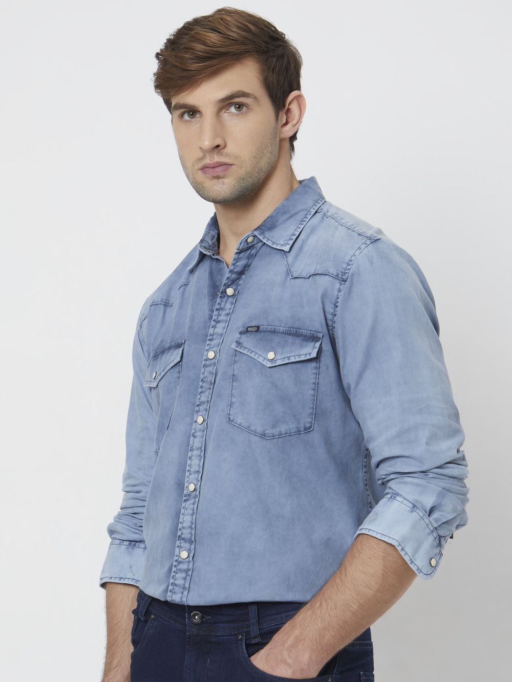 Light Blue Western Plain Slim Fit Casual Shirt