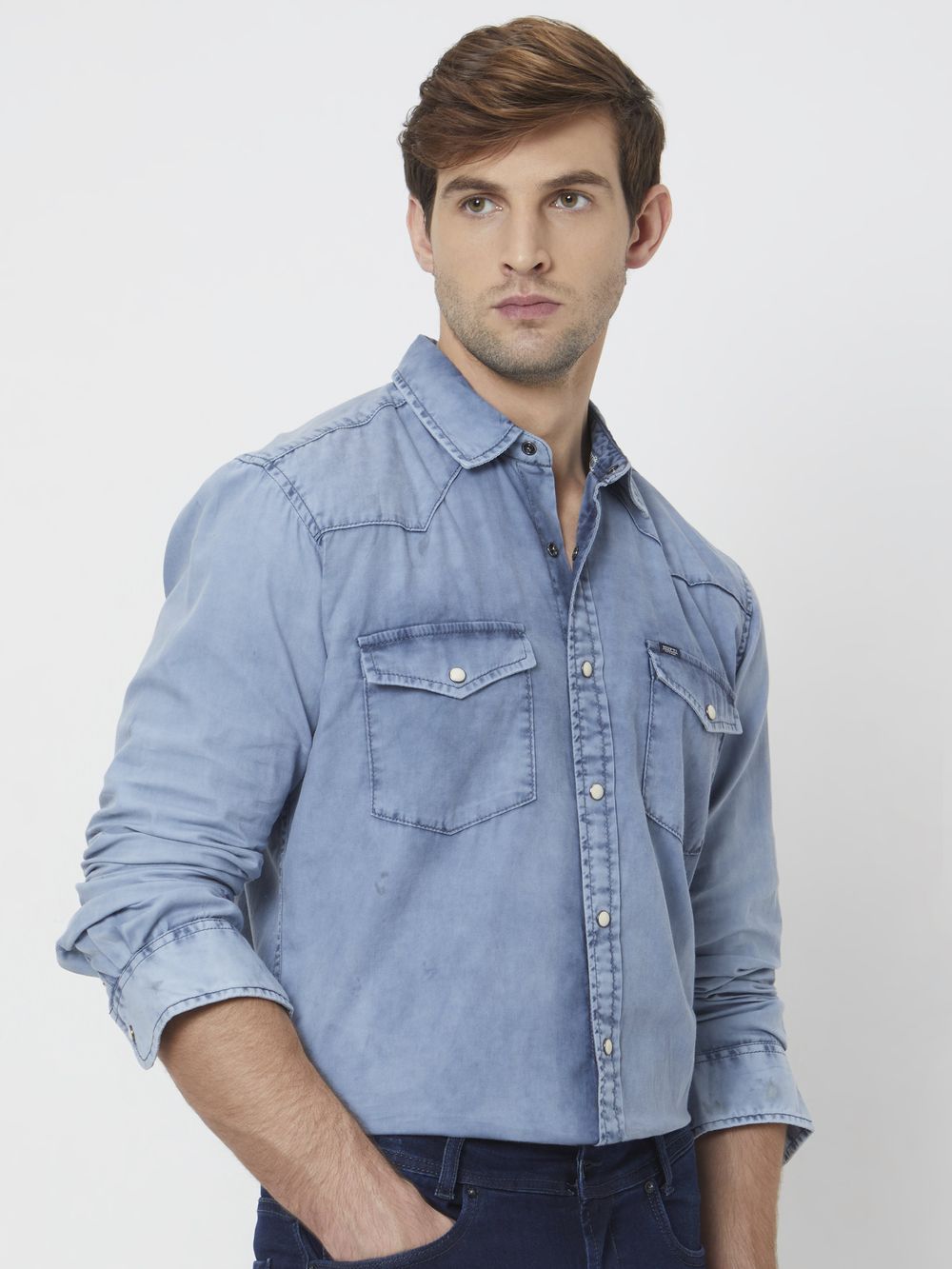 Light Blue Western Plain Slim Fit Casual Shirt