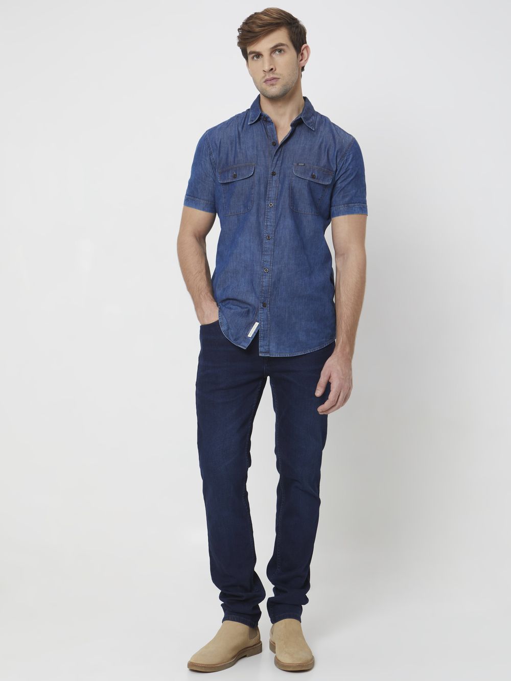 Indigo Blue Denim Plain Slim Fit Casual Shirt