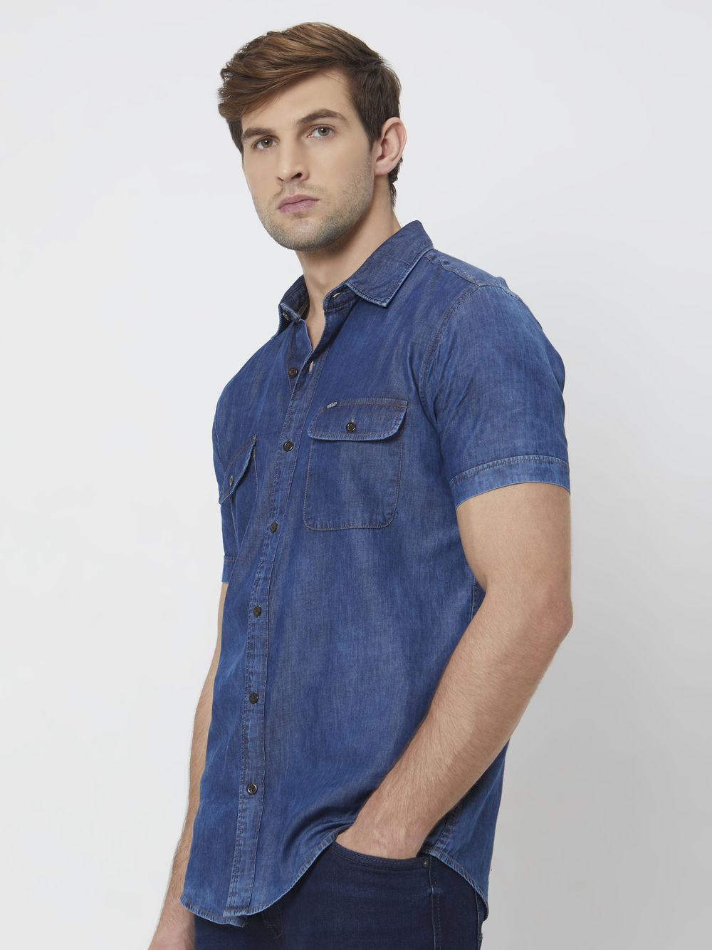 Indigo Blue Denim Plain Slim Fit Casual Shirt