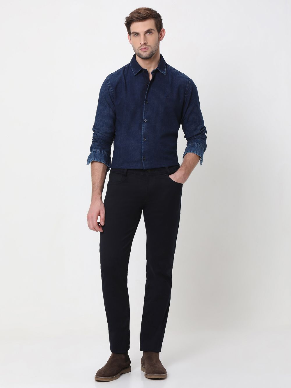 Indigo Blue Denim Plain Slim Fit Casual Shirt