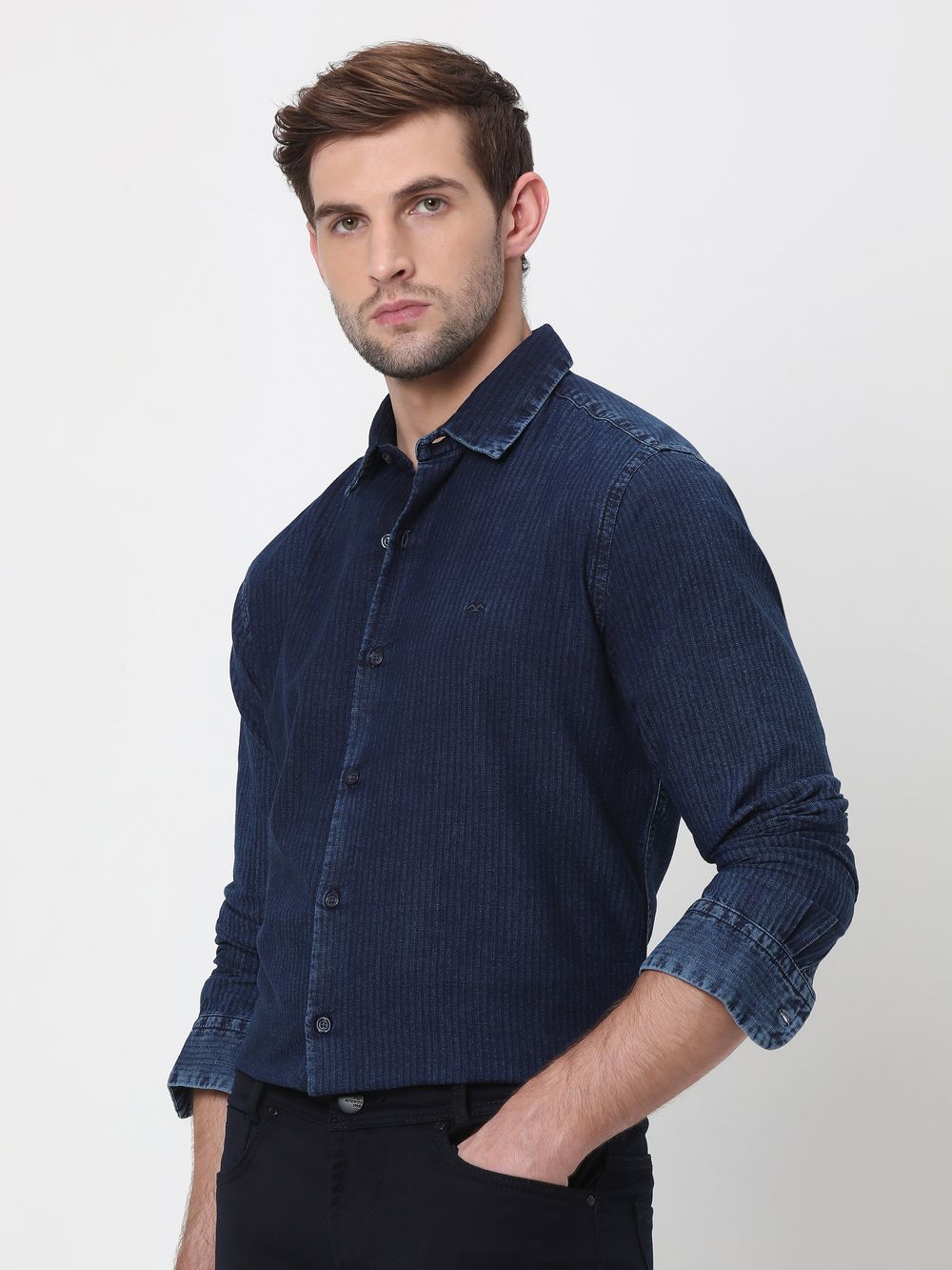 Indigo Blue Denim Plain Slim Fit Casual Shirt