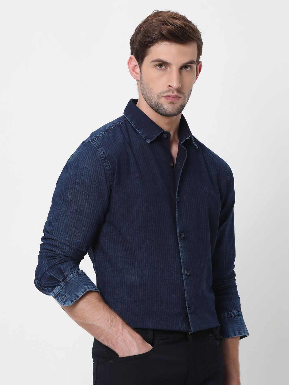 Indigo Blue Denim Plain Slim Fit Casual Shirt