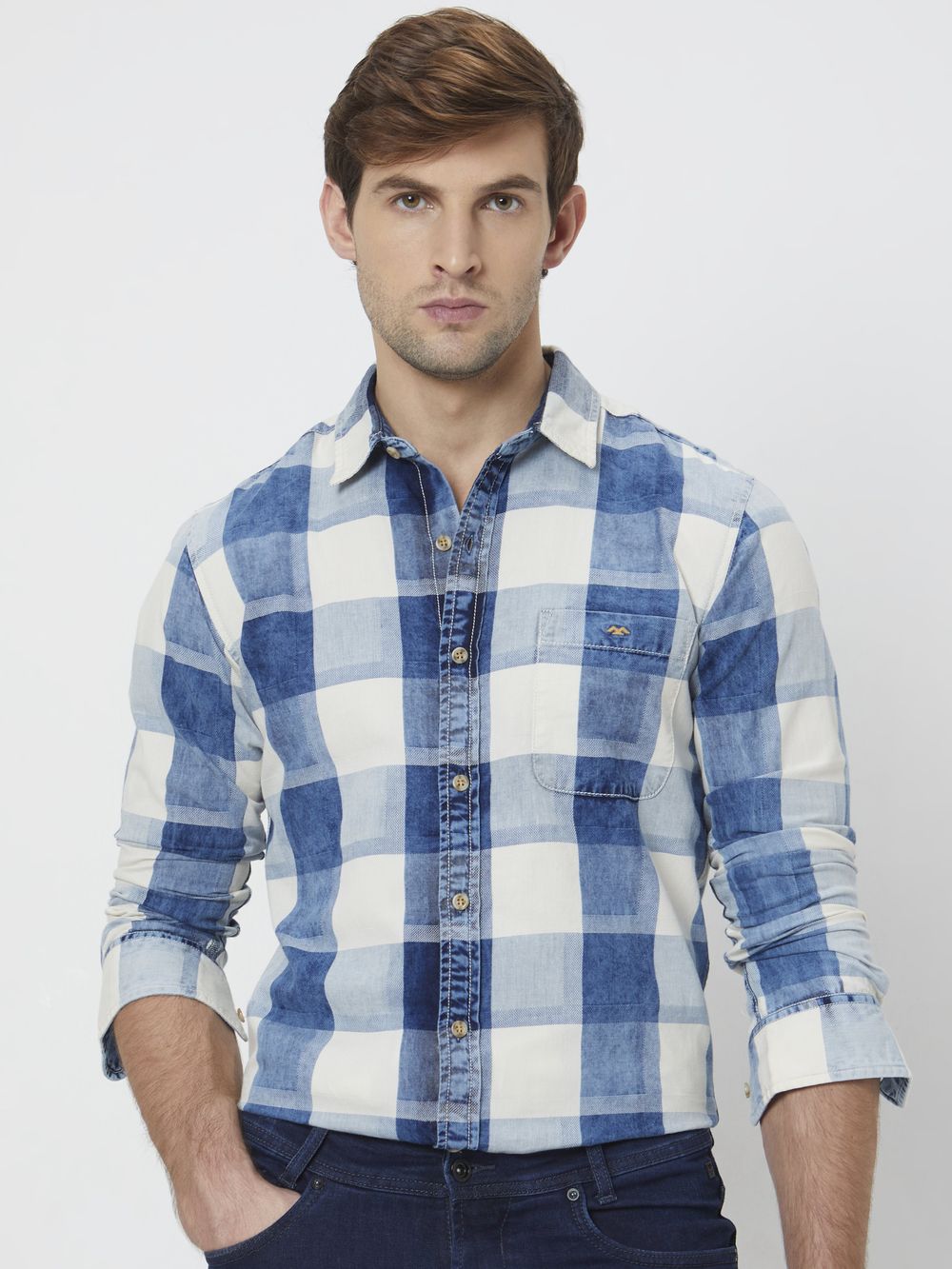 Mid Blue & White Large Check Slim Fit Casual Shirt