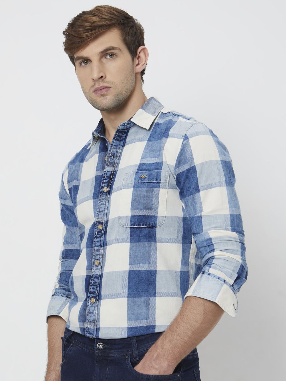 Mid Blue & White Large Check Slim Fit Casual Shirt