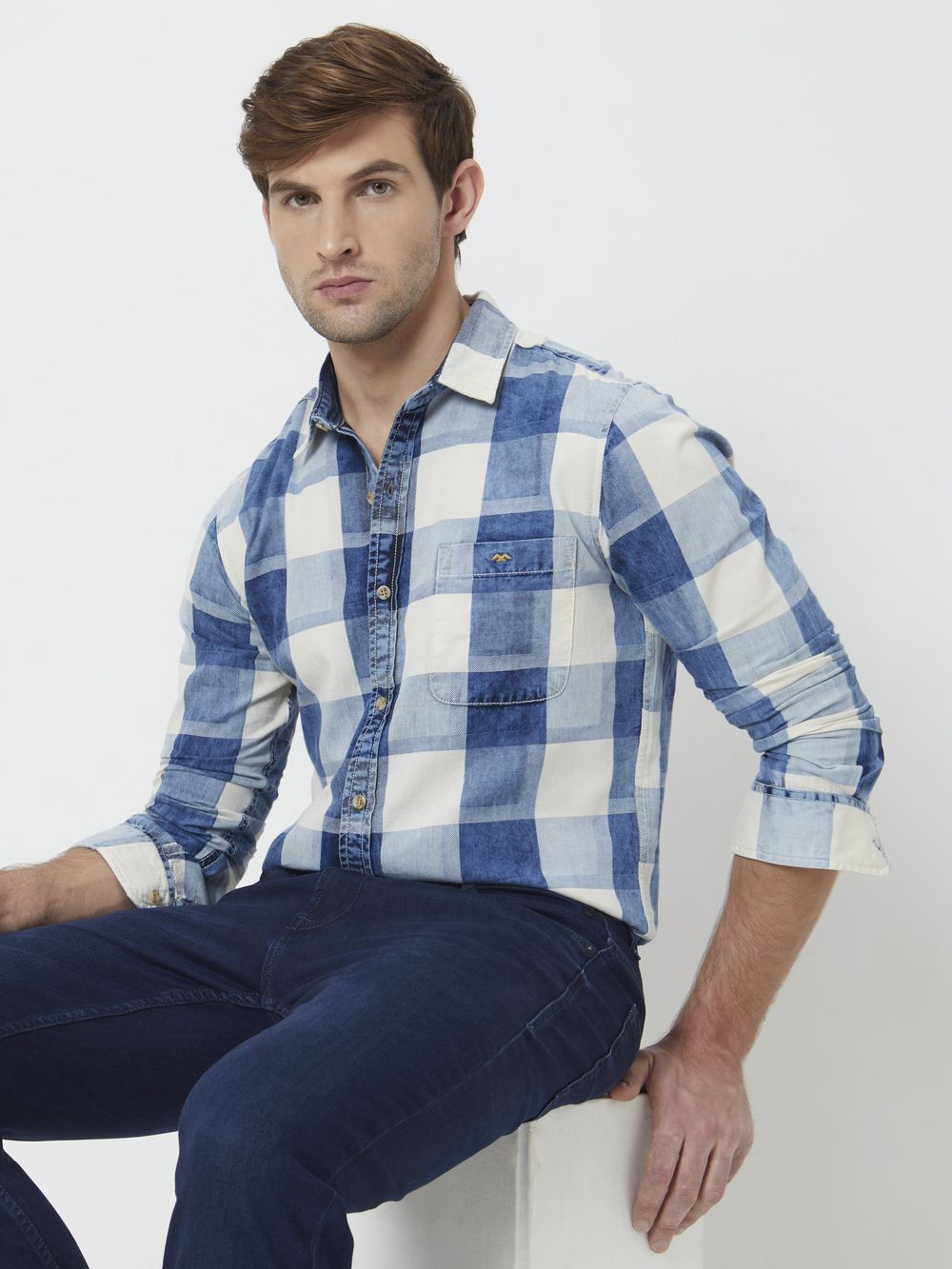 Mid Blue & White Large Check Slim Fit Casual Shirt