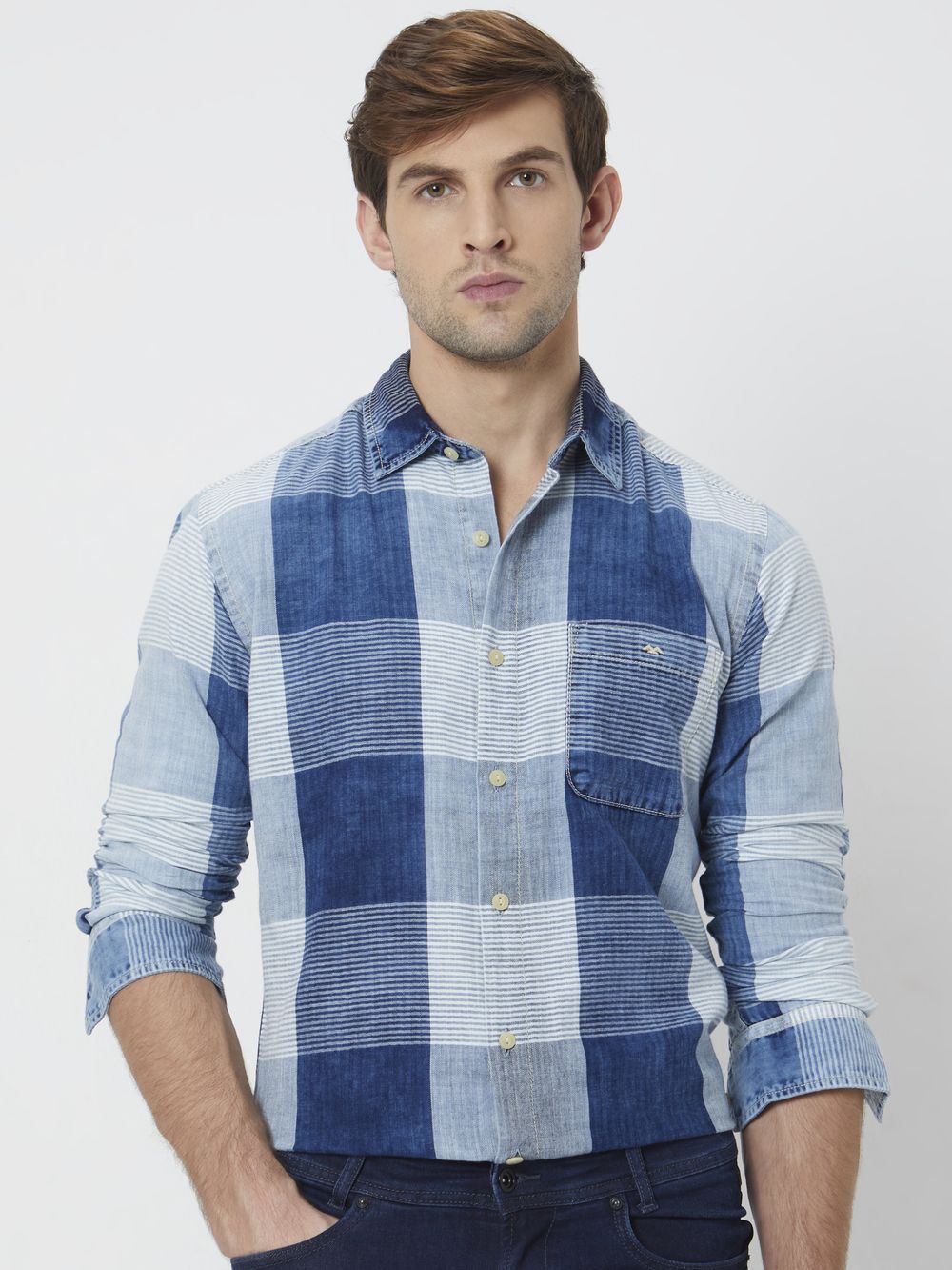 Mid Blue Large Check Slim Fit Casual Shirt