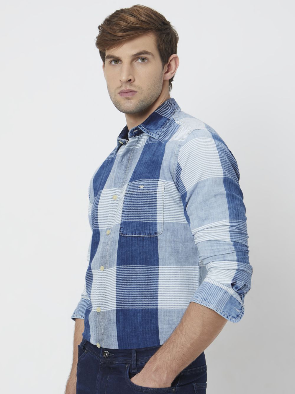 Mid Blue Large Check Slim Fit Casual Shirt