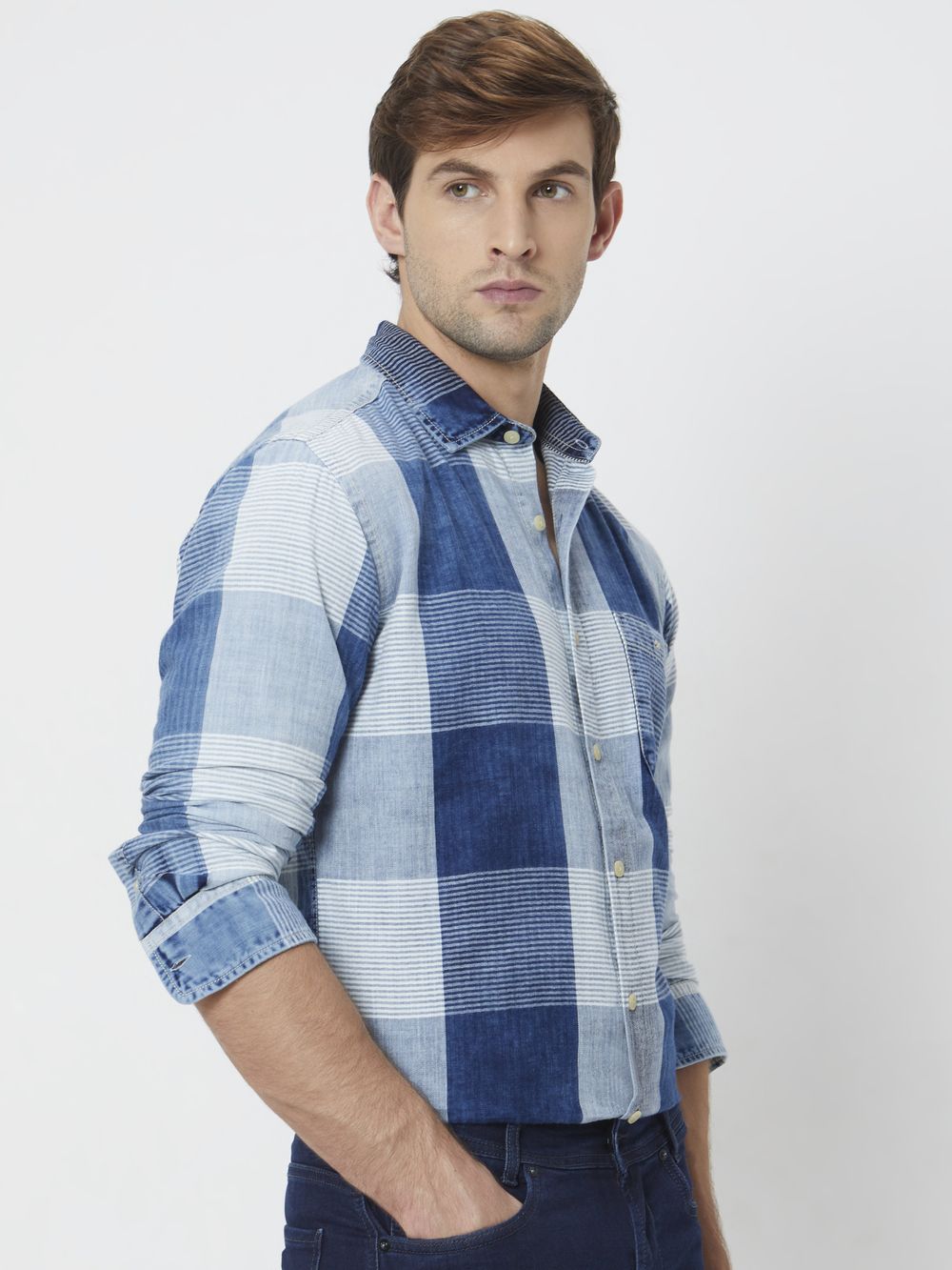 Mid Blue Large Check Slim Fit Casual Shirt