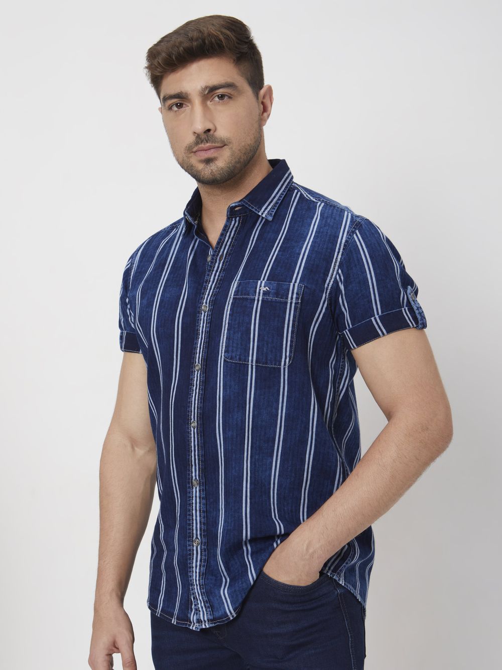 Indigo Blue Denim Stripe Slim Fit Casual Shirt