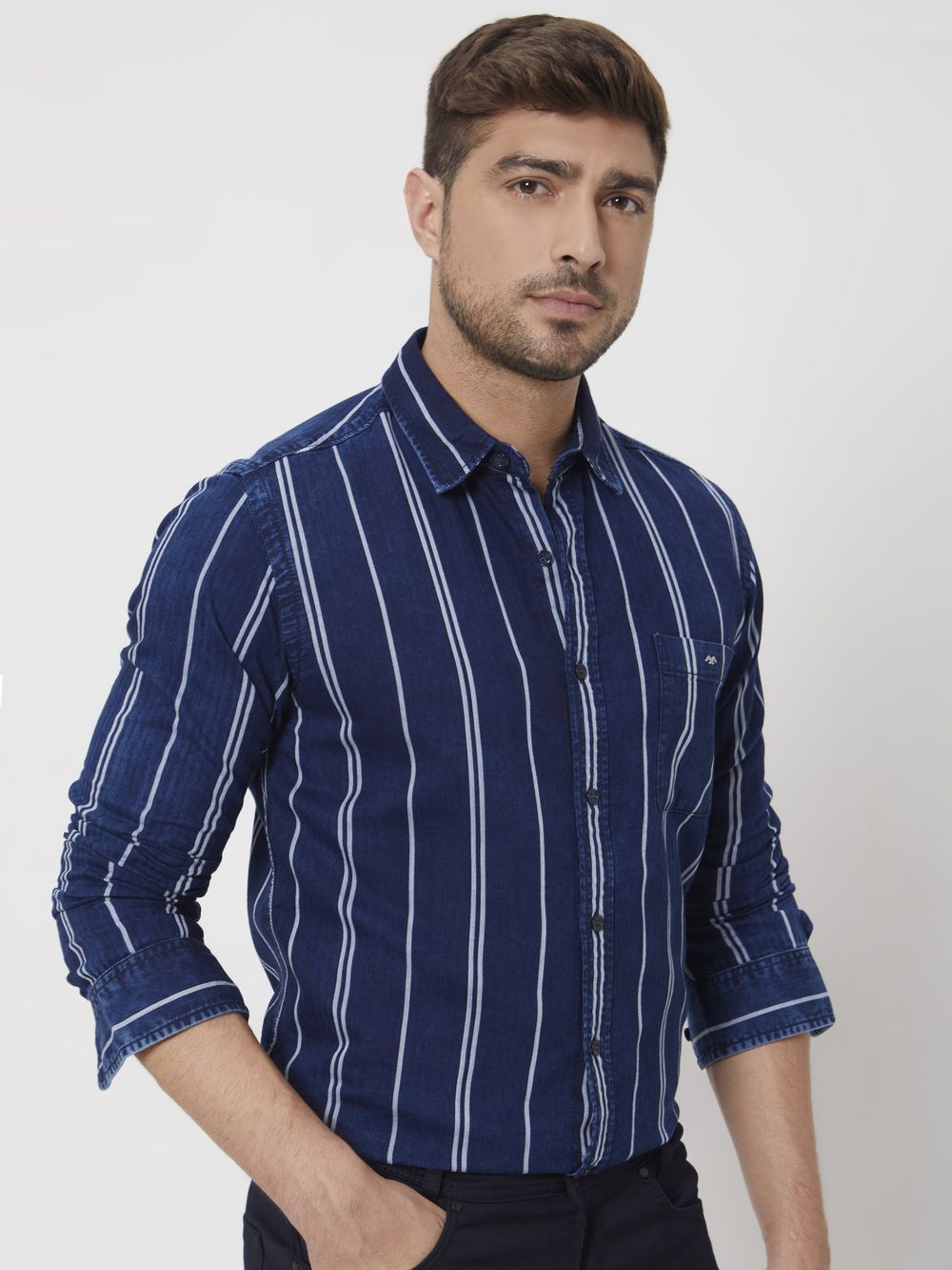 Indigo Blue Denim Stripe Slim Fit Casual Shirt