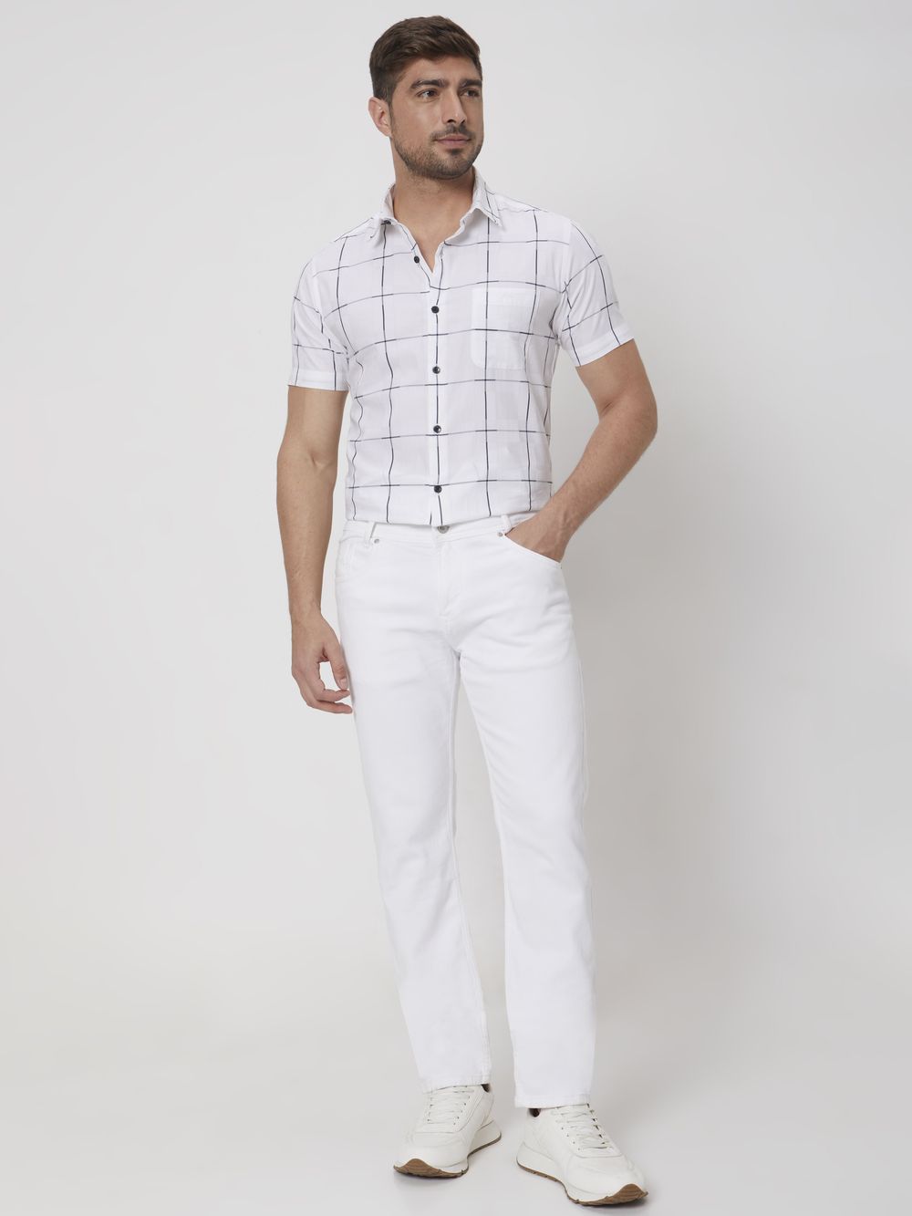 White Windowpane Check Slim Fit Casual Shirt