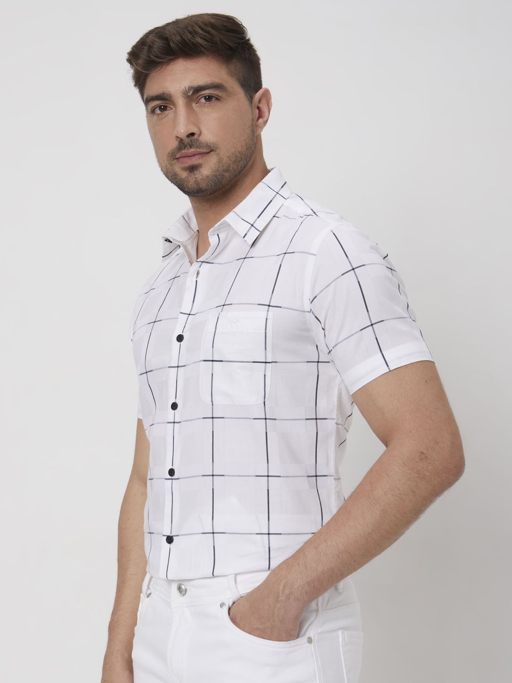 White Windowpane Check Slim Fit Casual Shirt