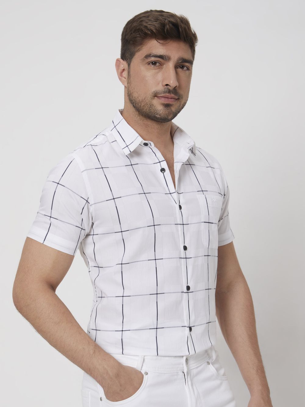 White Windowpane Check Slim Fit Casual Shirt