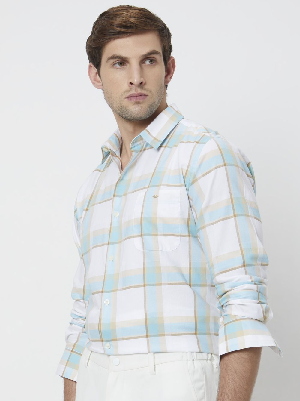 Turquoise & Off White Large Check Slim Fit Casual Shirt