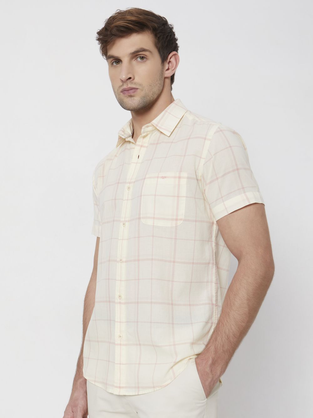 Pink Windowpane Check Slim Fit Casual Shirt