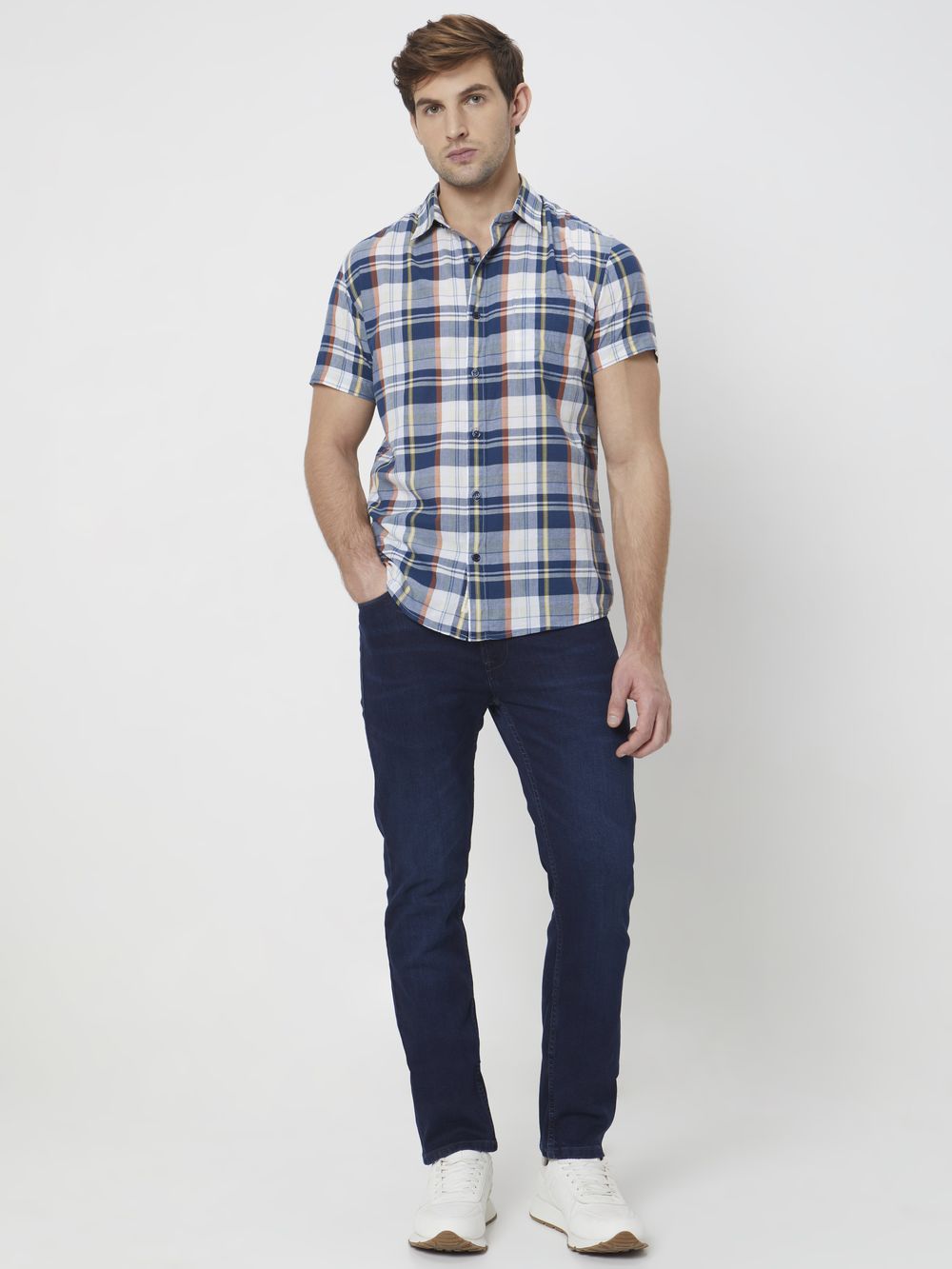 Navy Large Check Slim Fit Casual Shirt