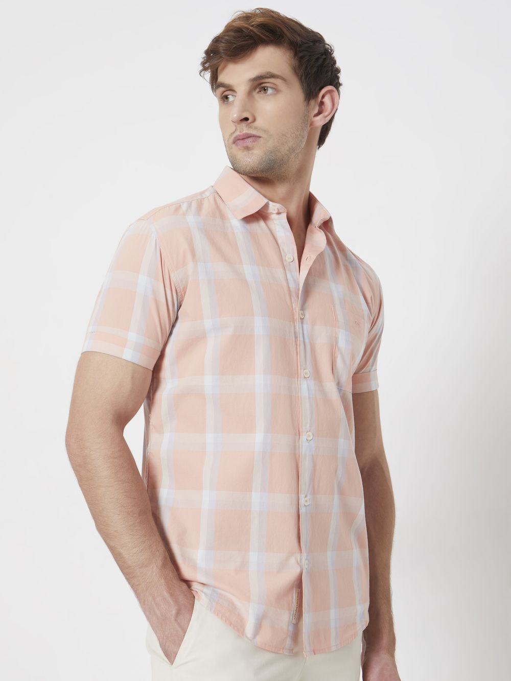 Peach Large Check Slim Fit Casual Shirt