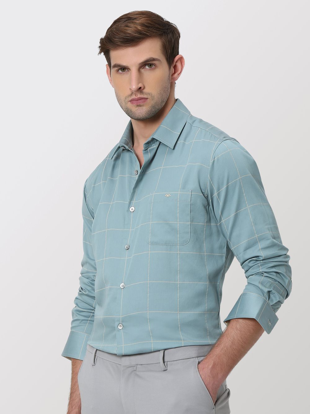 Blue & White Windowpane Check Slim Fit Casual Shirt
