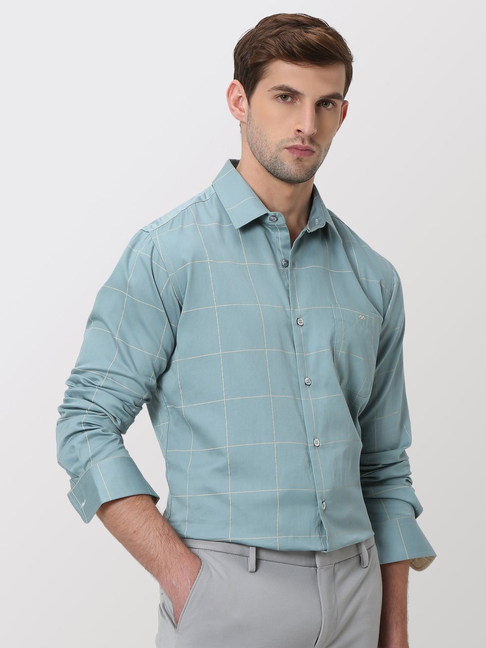 Blue & White Windowpane Check Slim Fit Casual Shirt