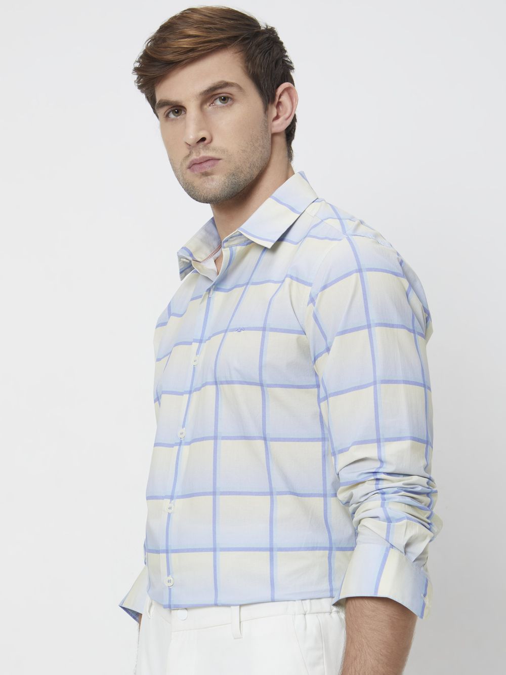 Light Blue & Light Yellow Printed Check Slim Fit Casual Shirt