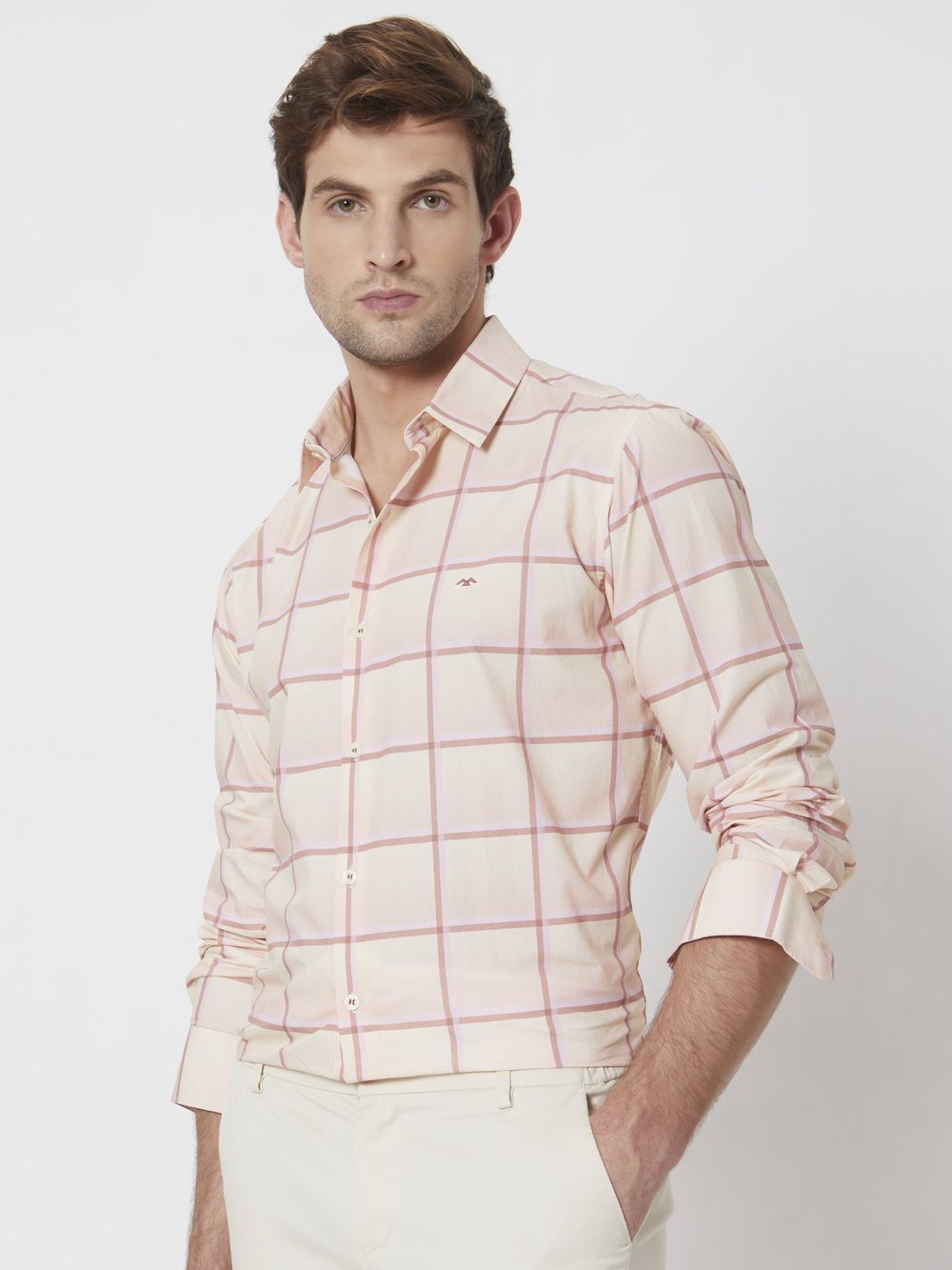 Peach & Light Yellow Printed Check Slim Fit Casual Shirt