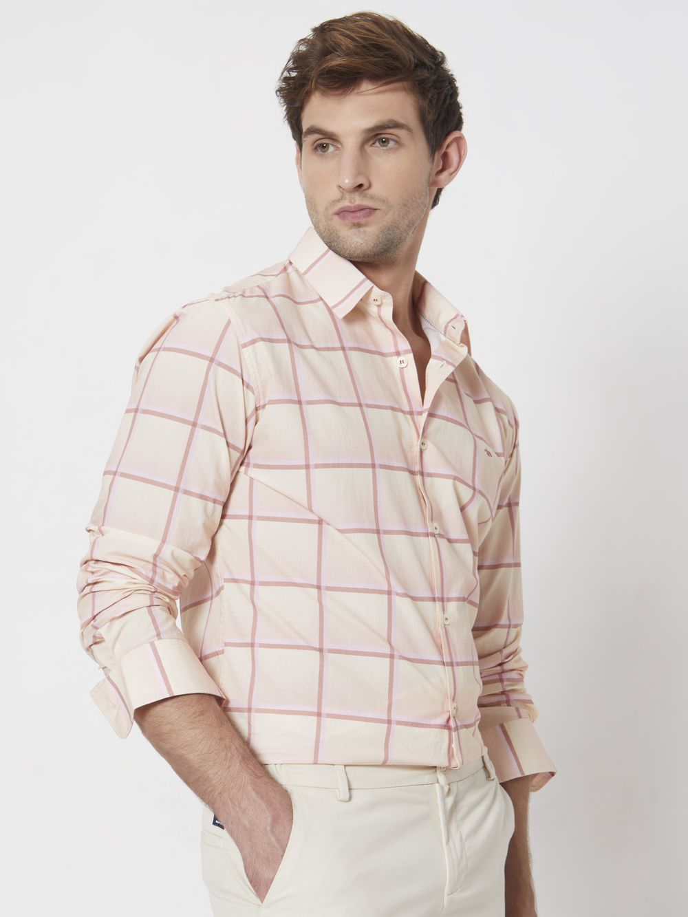 Peach & Light Yellow Printed Check Slim Fit Casual Shirt