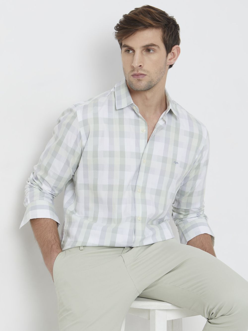 Light Green Large Check Slim Fit Casual Shirt