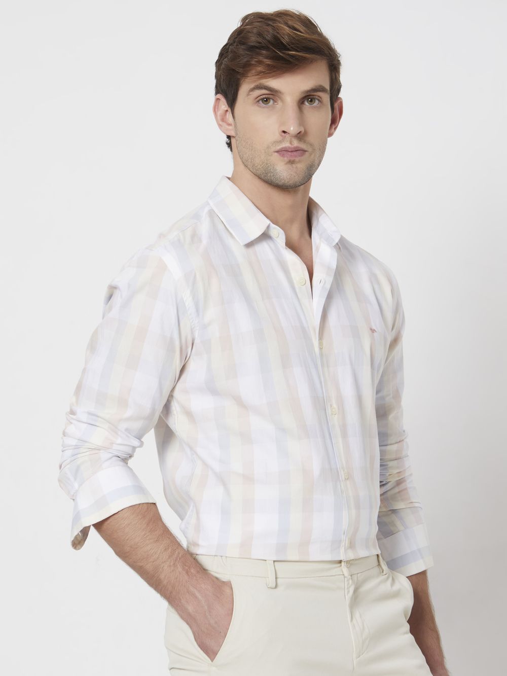 Peach Large Check Slim Fit Casual Shirt