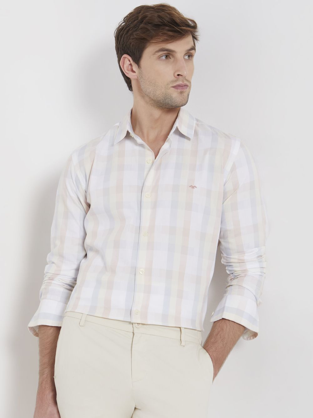 Peach Large Check Slim Fit Casual Shirt