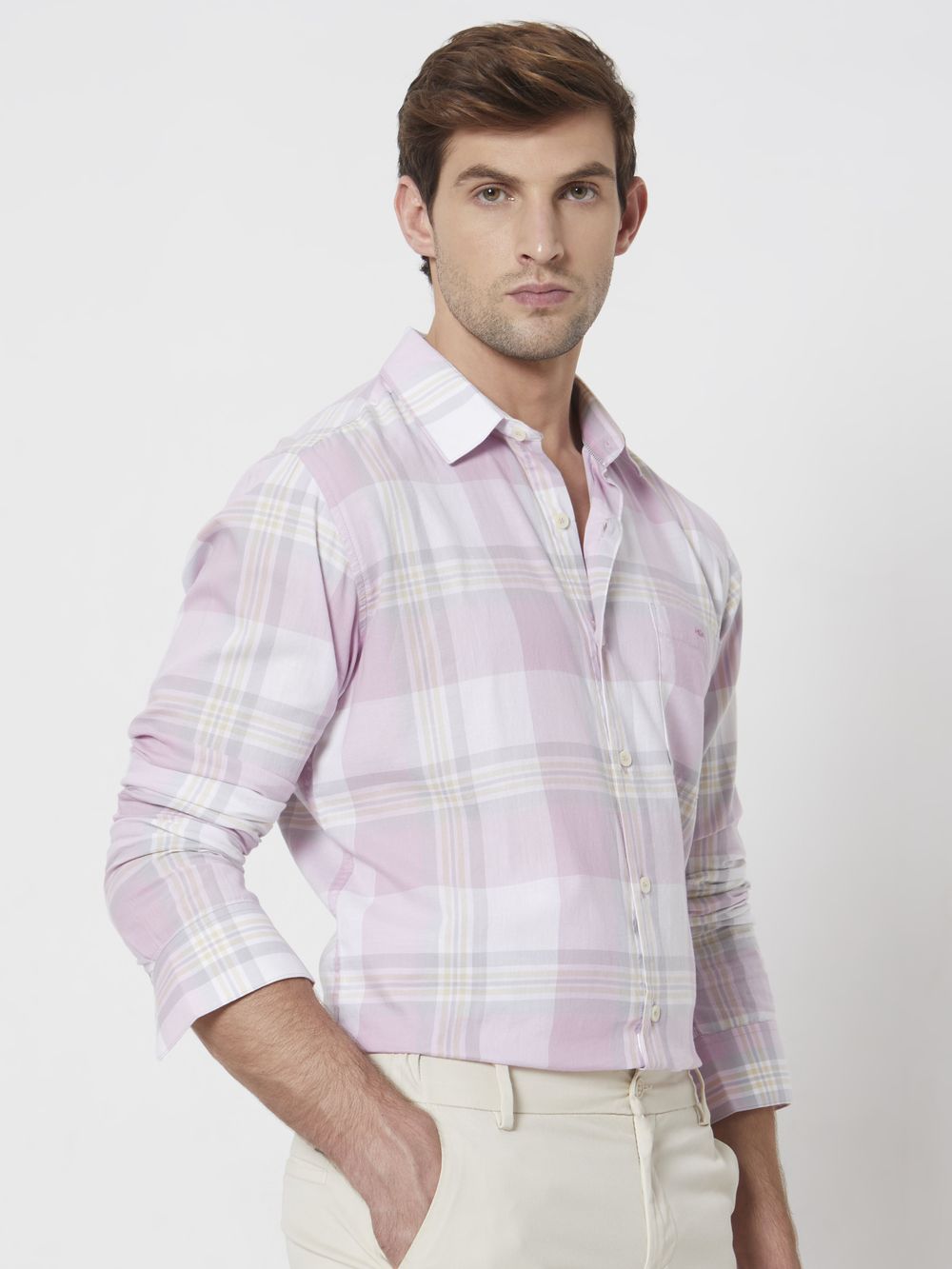 Pastel Pink Large Check Slim Fit Casual Shirt