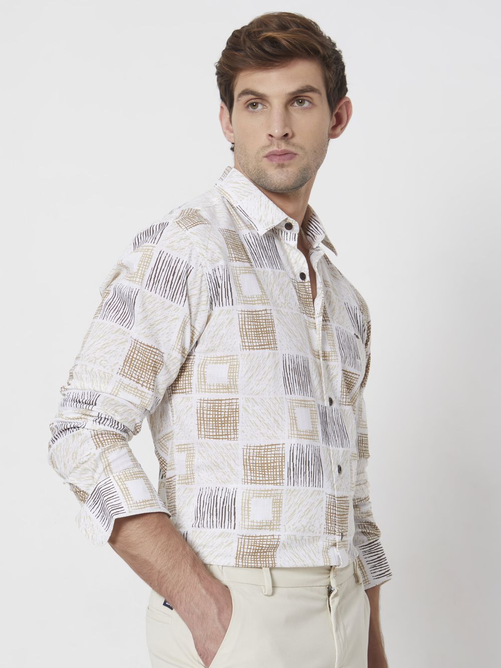 Beige Tonal Print Slim Fit Casual Shirt