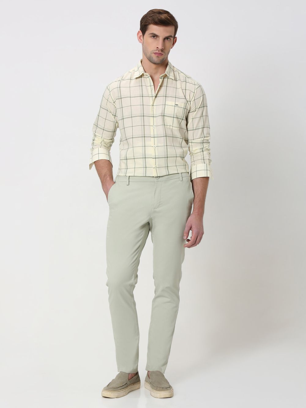 Light Green Large Check Slim Fit Casual Shirt