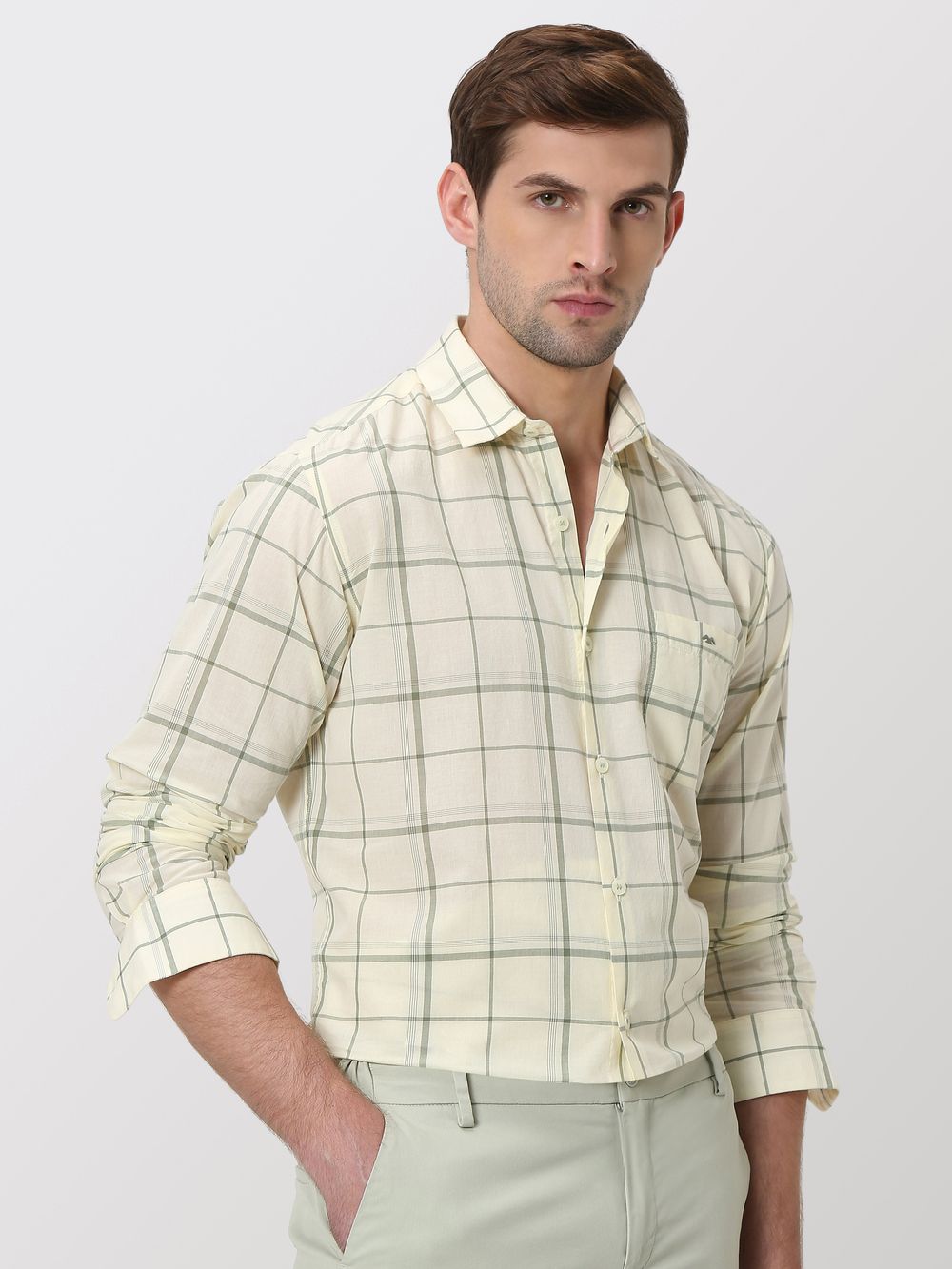 Light Green Large Check Slim Fit Casual Shirt