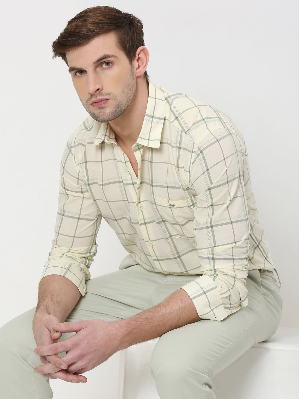 Light Green Large Check Slim Fit Casual Shirt