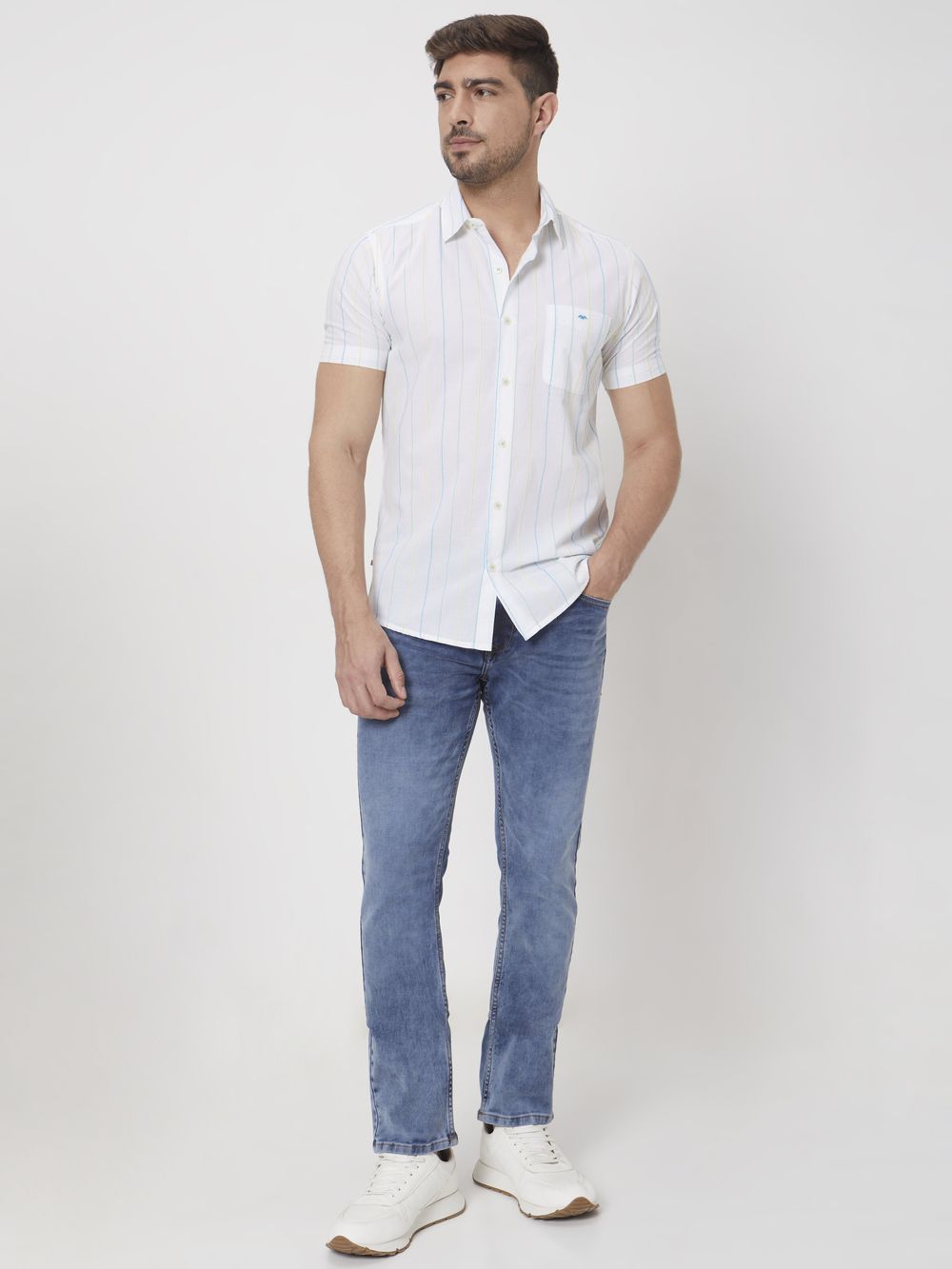 White Textured Stripe Slim Fit Casual Shirt