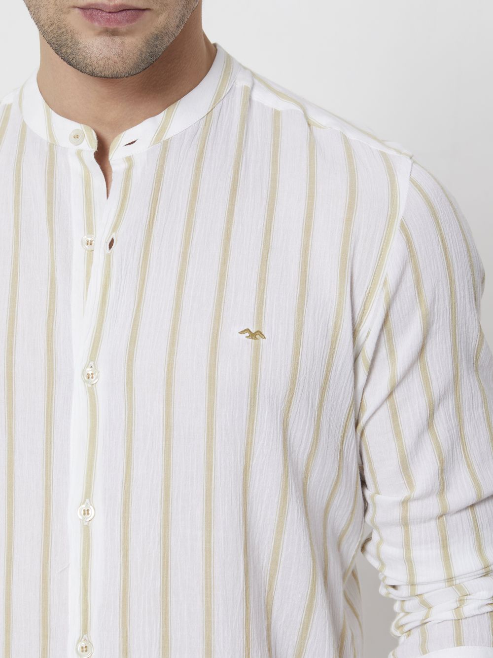 Beige Textured Stripe Slim Fit Casual Shirt