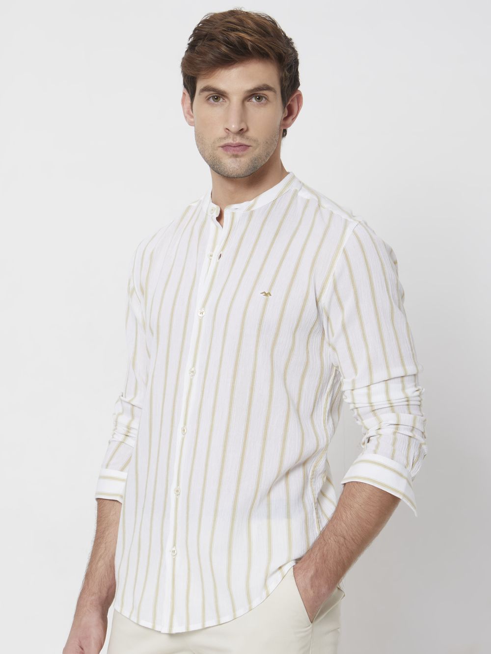 Beige Textured Stripe Slim Fit Casual Shirt