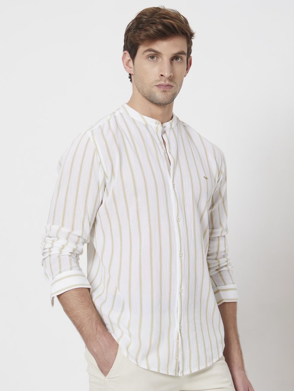 Beige Textured Stripe Slim Fit Casual Shirt