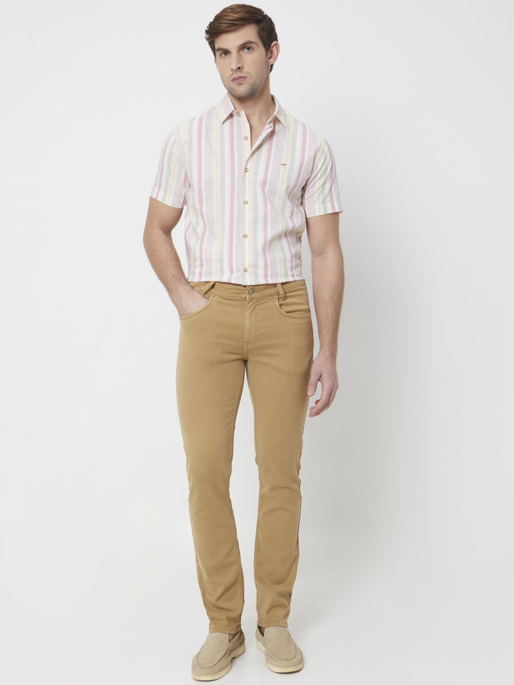 Pastel Pink Printed Stripe Slim Fit Casual Shirt