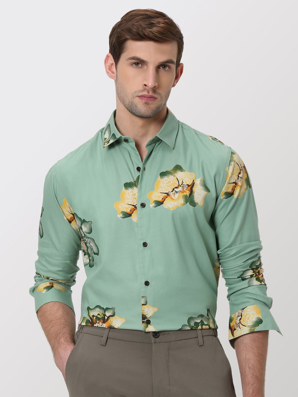 Light Olive & Yellow Floral Print Slim Fit Casual Shirt